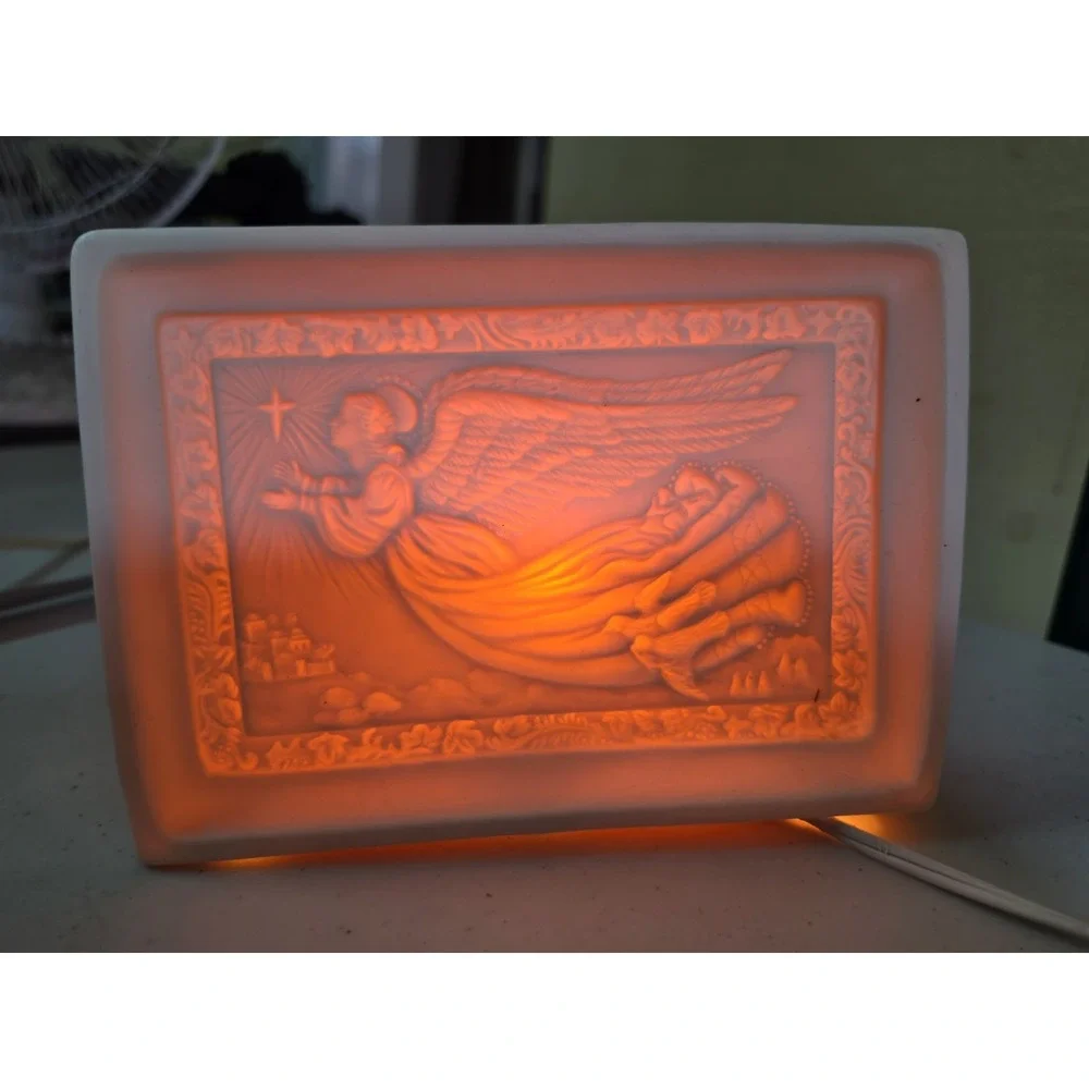 Vtg Christmas Lithophane Porcelain Bisque Flying Angel Table Nightlight *Works*